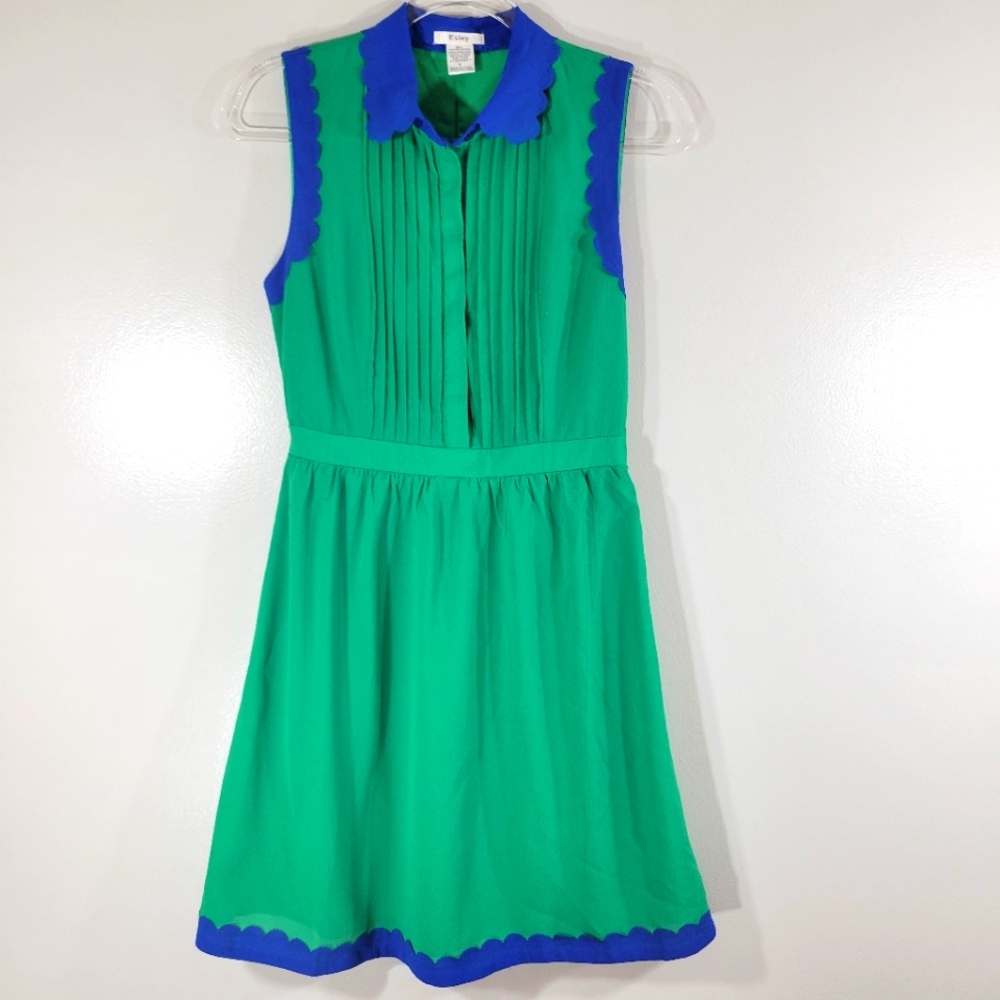 ESLEY green blue artsy scalloped trim pintuck retro chic sleeveless shift dress